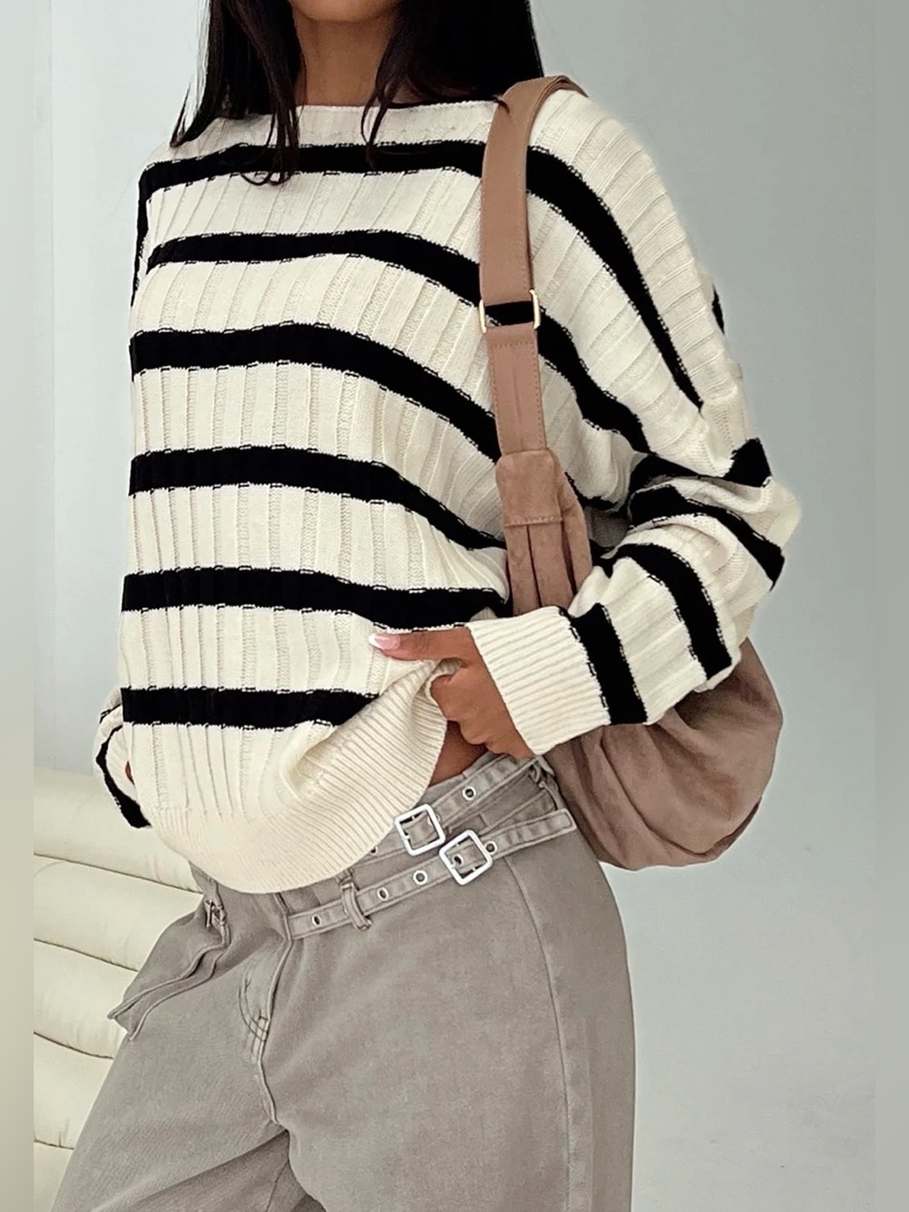 Universal Thread Cream Sweater with Black Stripes XXL